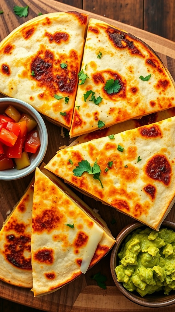 Cheesy garlic quesadilla cut into wedges, served with salsa and guacamole.